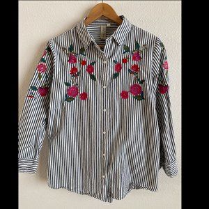 Allison Joy embroidered stripes and flowers button down